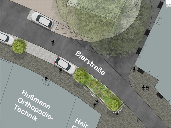 : In der Bierstraße erweitert der Entwurf die vorhandene Baumscheibe in Form eines Beetes. An diesem Standort ist keine Sitzgelegenheit vorgesehen.